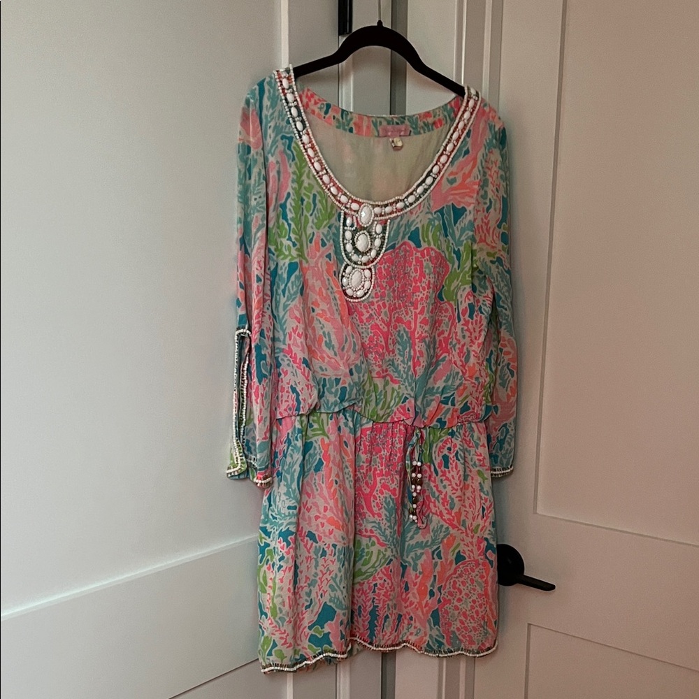 Lilly Pulitzer Multicolor Long Sleeve Dress with Beaded Neckline